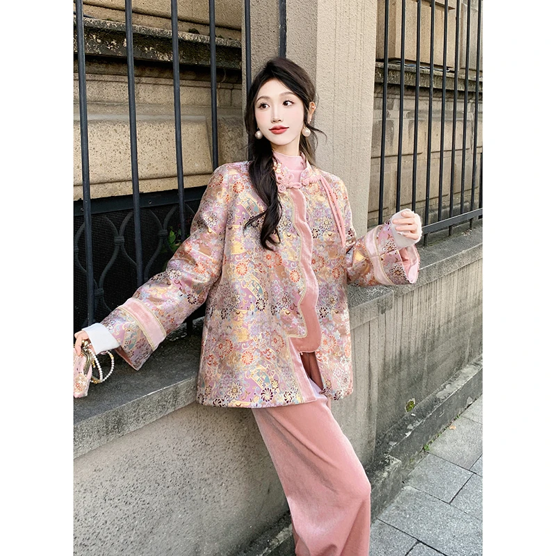 果果家  宋锦/人丝 新中式2024秋冬新款女刺绣百搭国风羽绒服