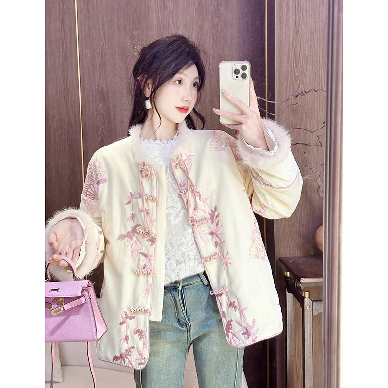 果果家【摇风】新中式外套2024秋冬女重工刺绣盘扣圆领国风羽绒服