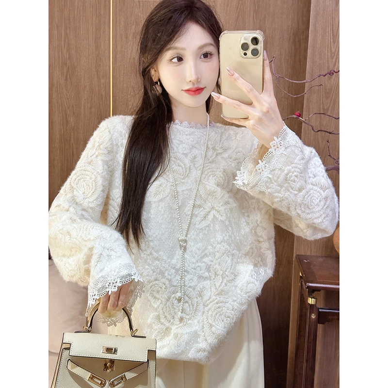 果果家【玫瑰内搭】镂空蕾丝提花立体针织衫2024秋女慵懒风毛衣上衣