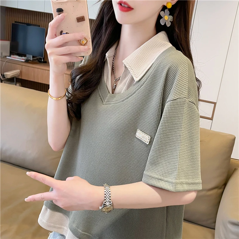 polo领短袖t恤女2024夏季新款宽松洋气百搭显瘦小个子假两件上衣