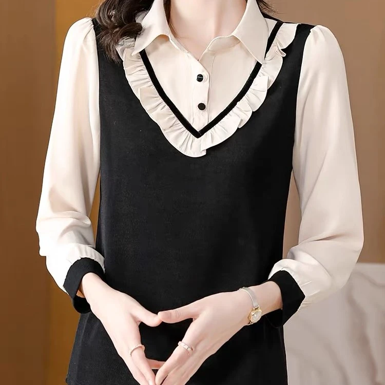 长袖衬衫女士2023年新款秋装洋气时尚百搭假两件上衣女式衬衣春秋