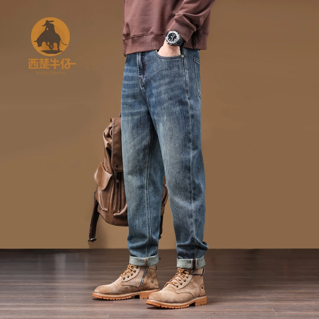 新款怀旧复古蓝宽松微锥型牛仔裤高端欧货男士潮流时尚百搭长裤子