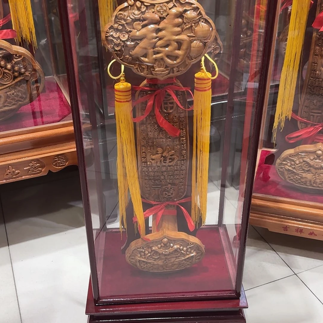 桃木百福桃木如意总高70厘米如意高度50厘米黄色玻璃罩