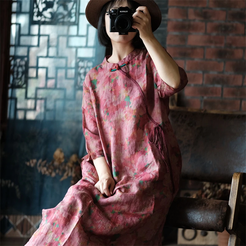 原创文艺复古水洗苎麻数码印花盘扣宽松系带连衣裙