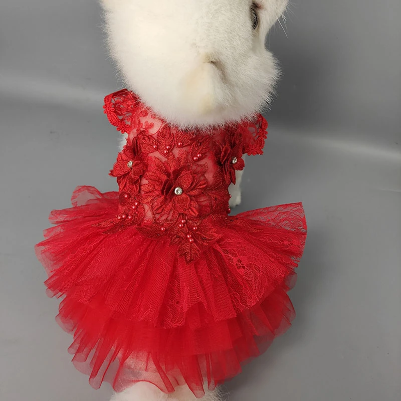 宠物红色立体花旗袍中国风泰迪贵宾比熊薄款衣服猫咪公主裙定做