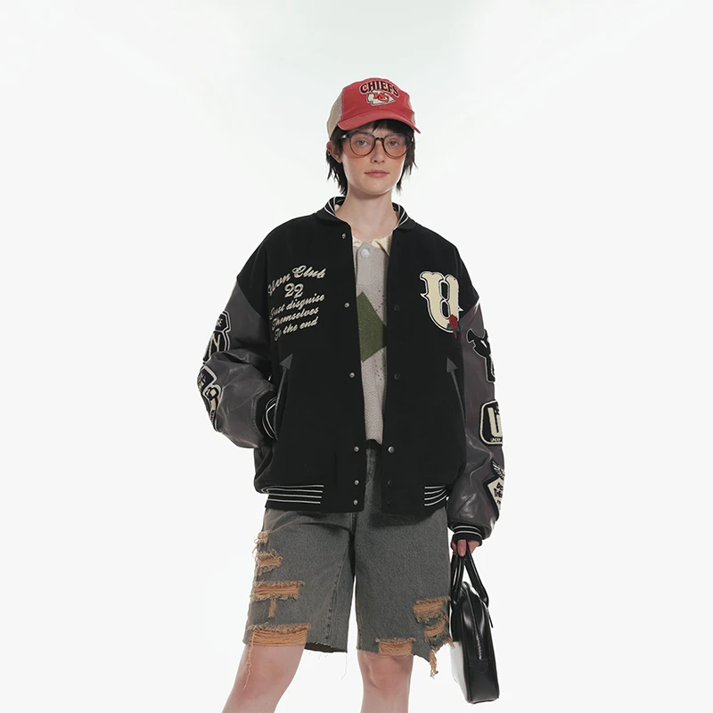 Unvesno (UN) 复古运动休闲PU拼接刺绣棒球夹克棉服外套CT-2169