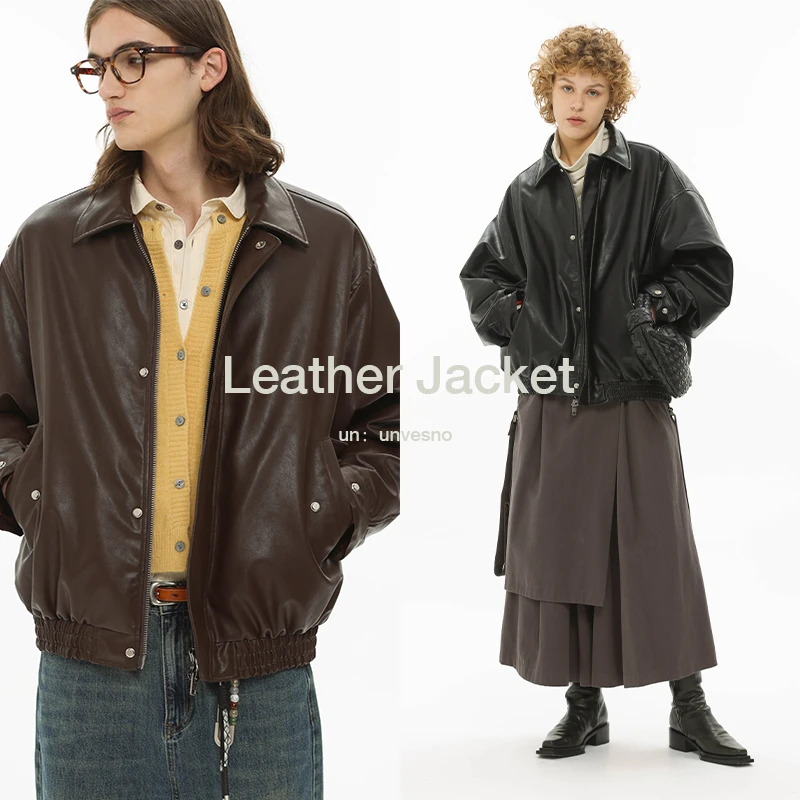 【cleanfit】Unvesno(UN)包豪斯油蜡皮短款廓形科技棉保暖皮夹克