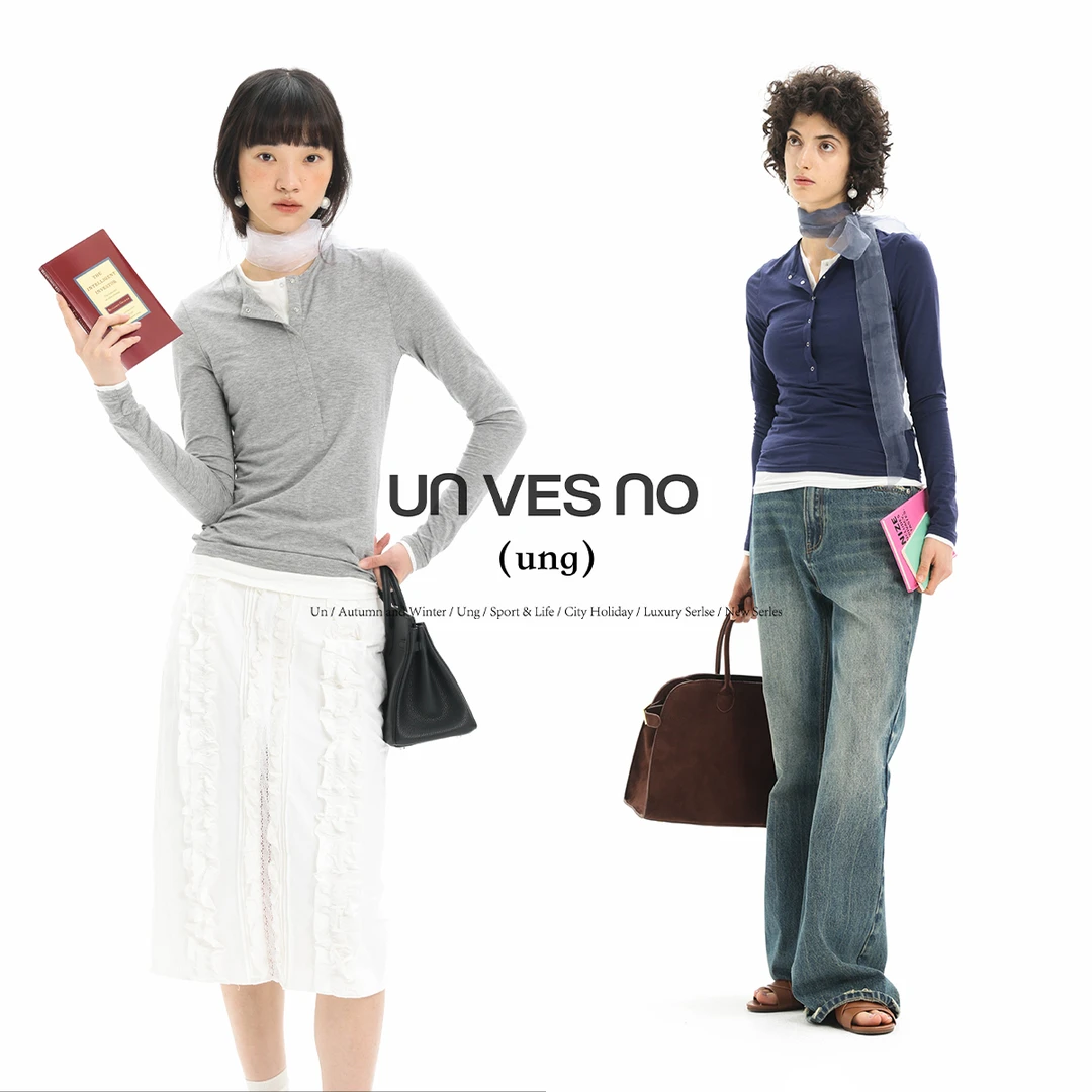 Unvesno(UN) “ung”女装系列亨利领莫代尔棉半开襟假两件透气长T恤