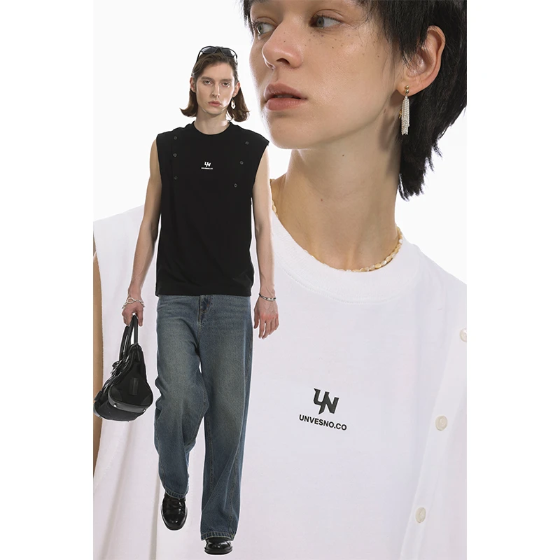 Unvesno (UN) 高品格双纱柔棉双排切割纽扣背心简约宽松百搭夏季