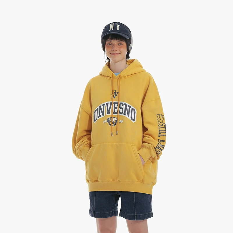 Unvesno (UN) 重磅美式复古校园印花加绒套头卫衣帽衫SWS-1618