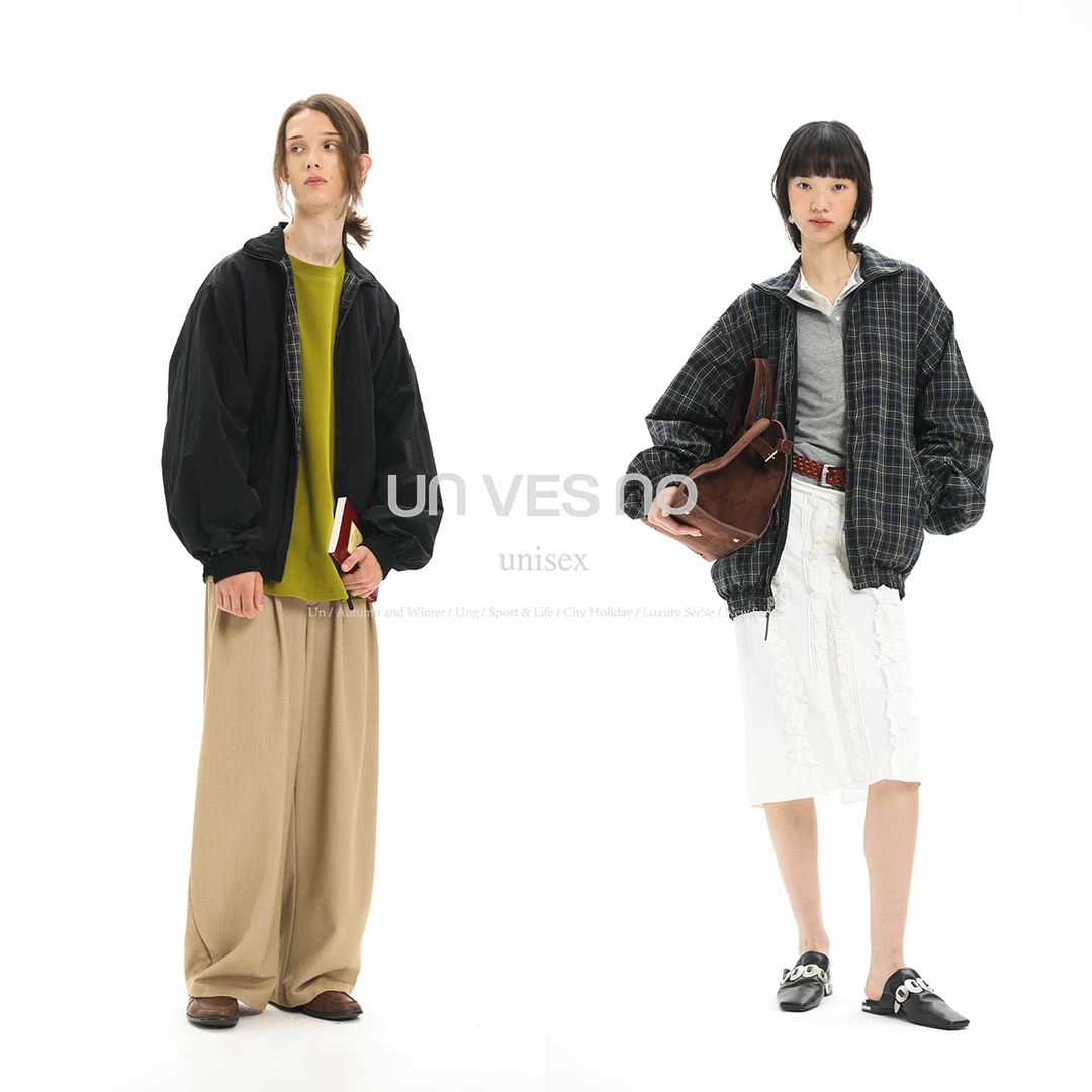 【双面穿】Unvesno(UN) 复古褶皱休闲运动通勤净色格子夹克外套