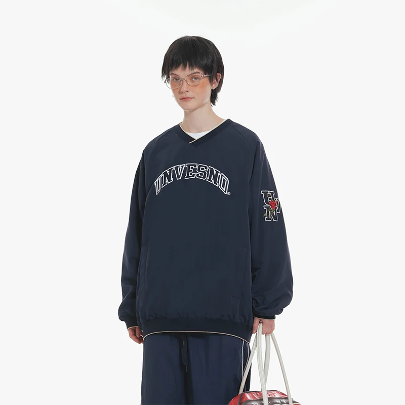 【夹棉】Unvesno (UN)  vintage复古运动风休闲V领套头棉服SWS-1607