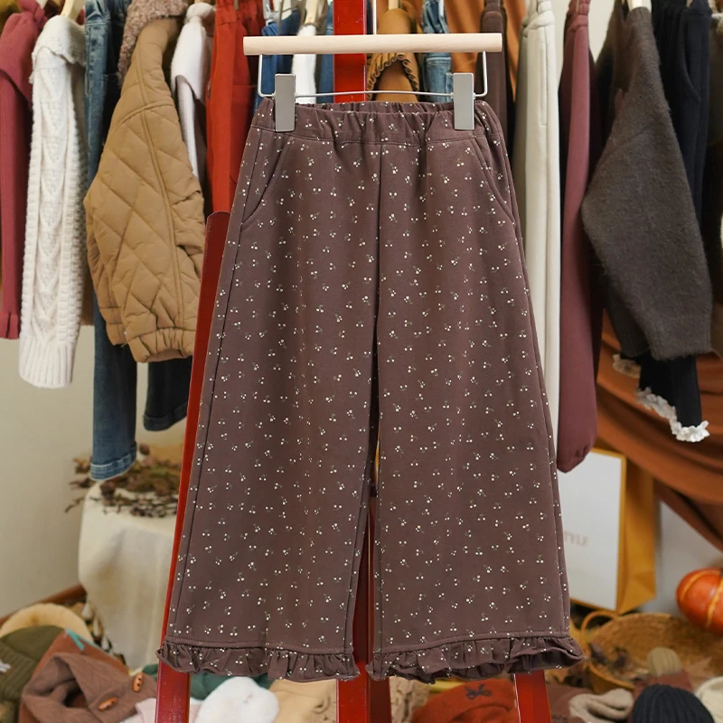 【10.20新款】韩系复古秋冬女童小花边加绒碎花直筒裤长裤-LD068