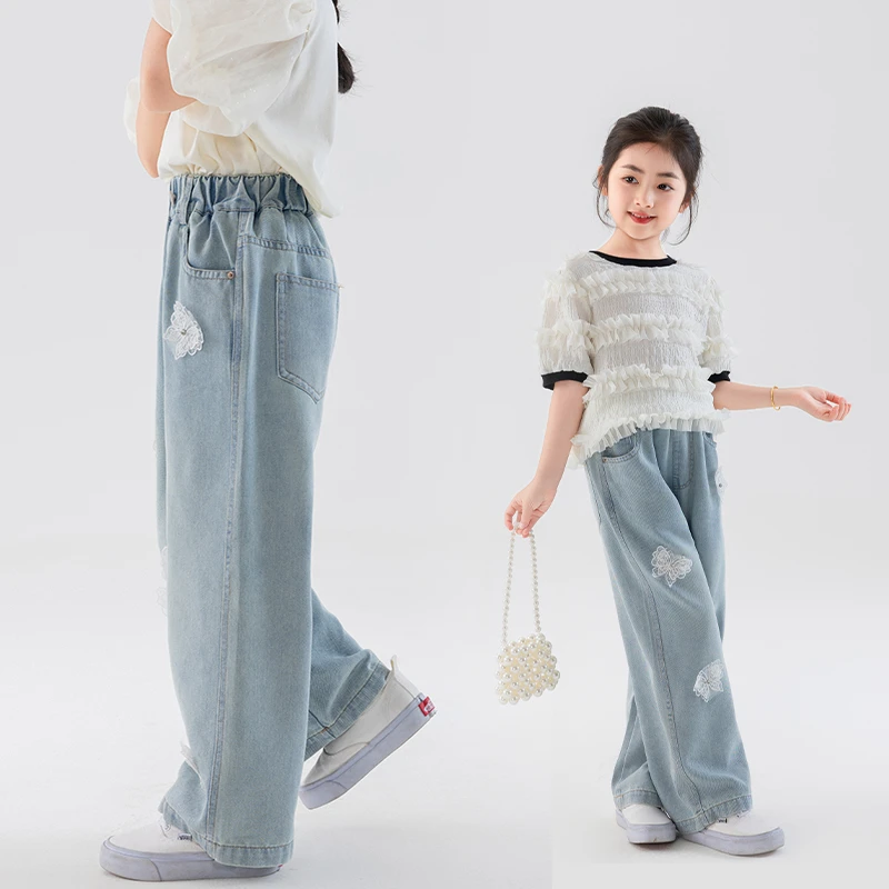指尖蝴蝶【高定】韩系简约夏季女童百搭时尚蝴蝶直筒牛仔裤-LX137