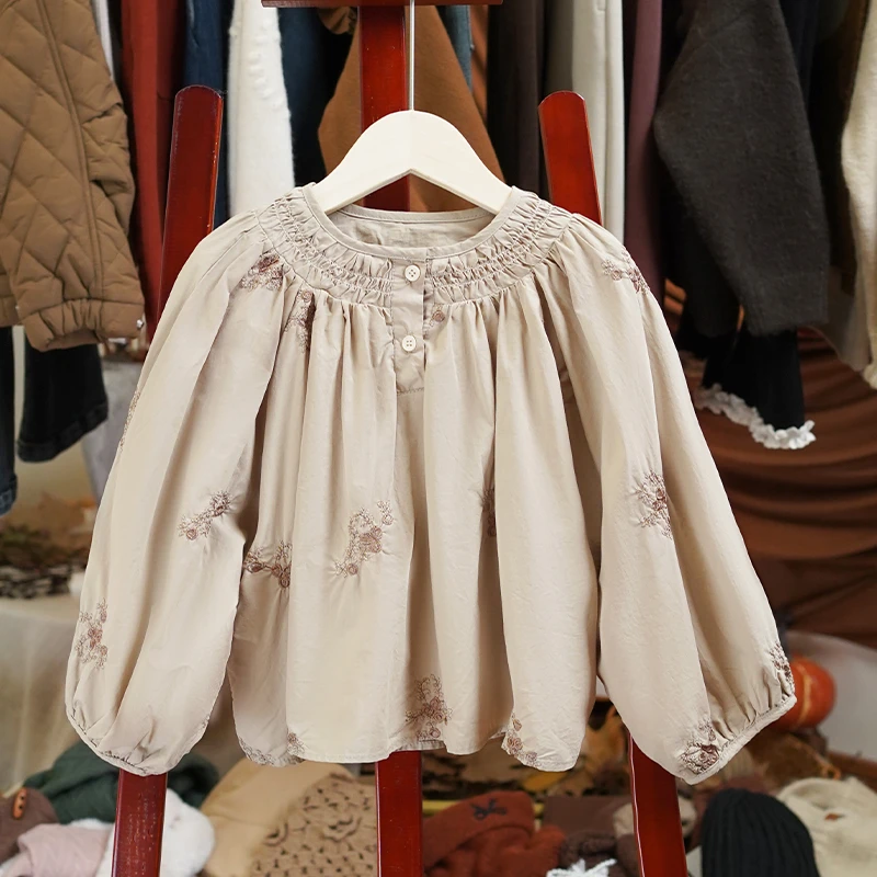 【落秋】韩系复古秋冬女童设计师宽松刺绣娃娃衫衬衫-LQ268