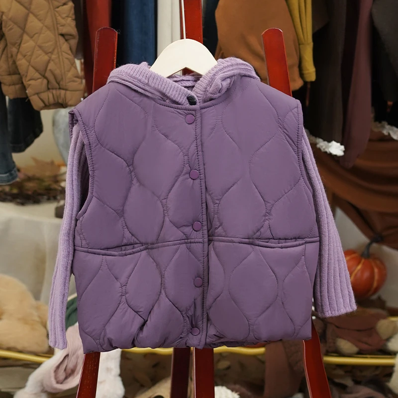 【暮紫香调】韩系复古秋冬女童纯色毛衣棉马甲两件套套装-LD202