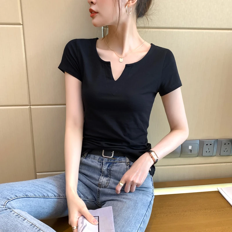 黑色t恤女正肩桃心领短袖夏季2024新款修身显瘦设计感女装上衣服