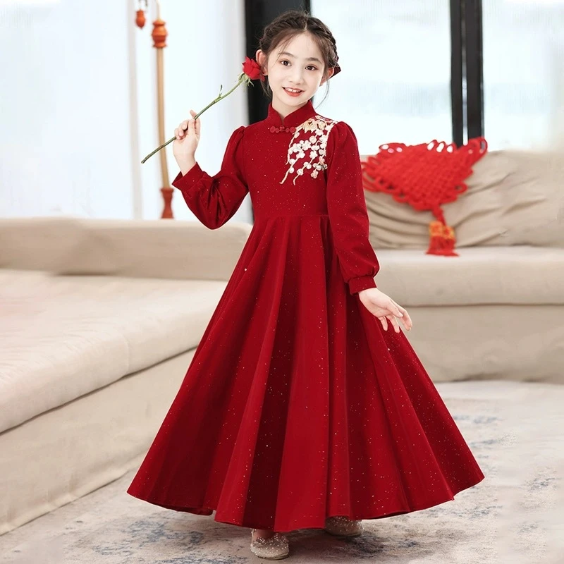 女童连衣裙秋冬新年裙小女孩生日儿童红色礼服公主裙钢琴演出服