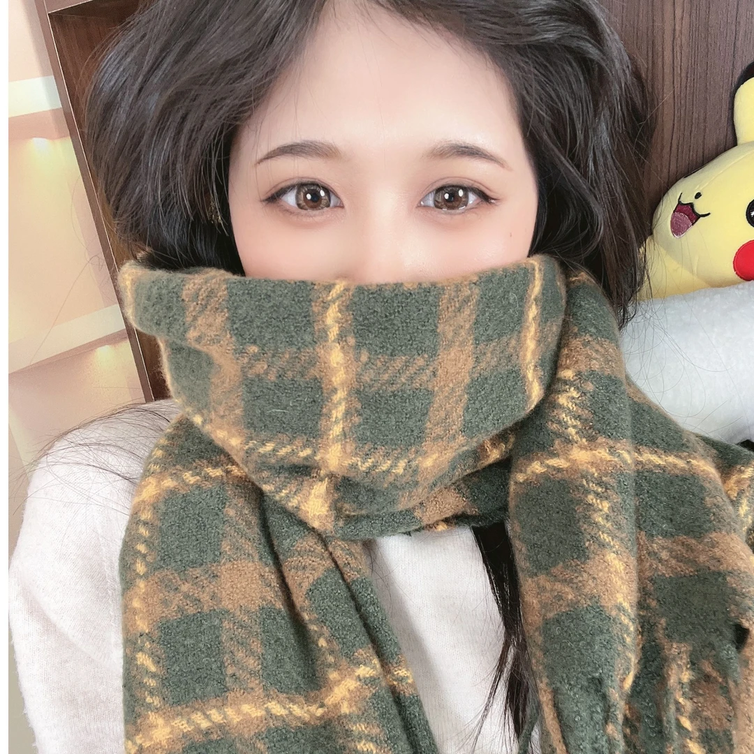 秋冬新款英伦格子百搭男女同款情侣围巾网红加厚保暖围脖针织复古