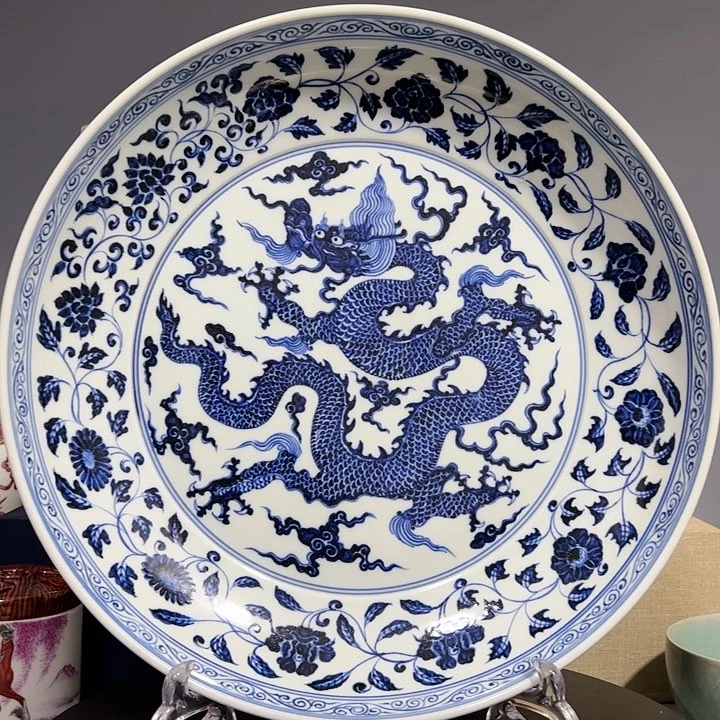 摆件青花龙纹盘,漂亮