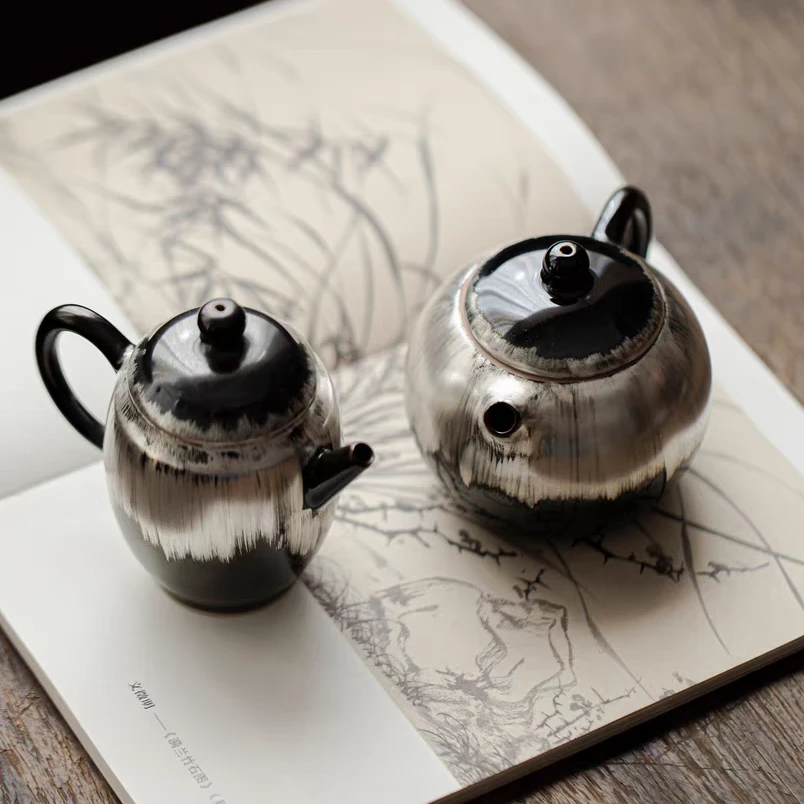 乌金釉手工鎏银西施茶壶复古诧寂风泡茶壶单壶 文人高档雅玩壶