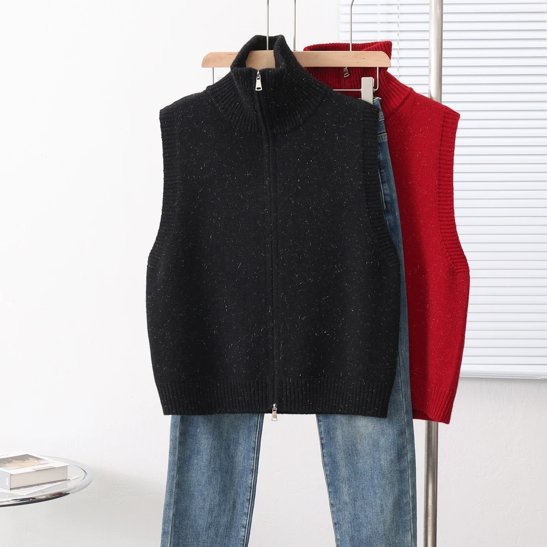 亮丝针织马甲女春秋冬叠穿双头拉链高领毛衣背心宽松马夹坎肩开衫