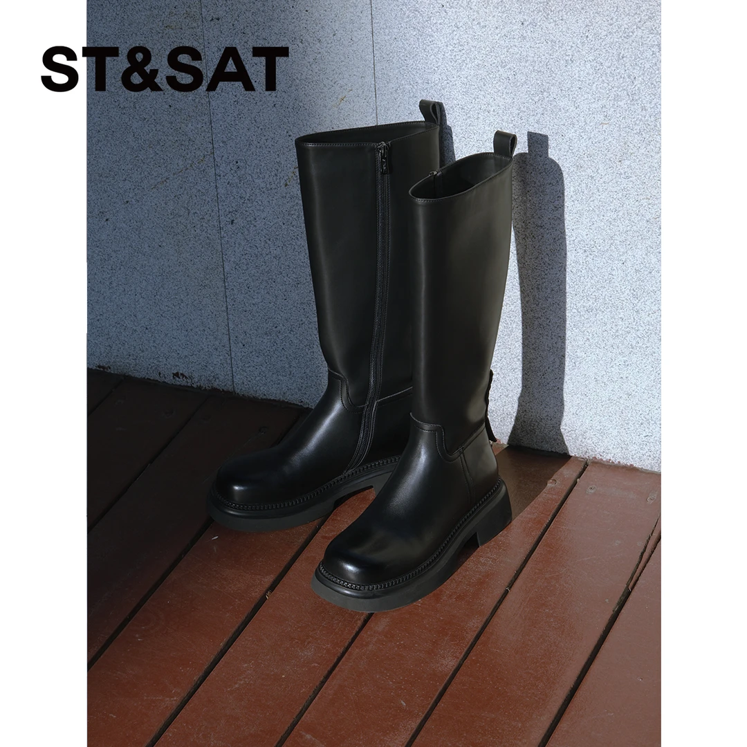 星期六秋冬长筒时装靴真皮百搭厚底高筒时尚骑士靴圆头女士靴7B2K