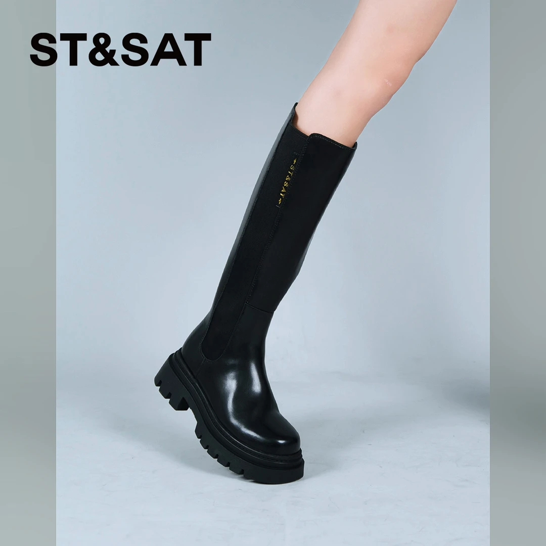 星期六靴子女长筒靴真皮厚底高筒靴圆头百搭弹力小个子骑士靴7R49