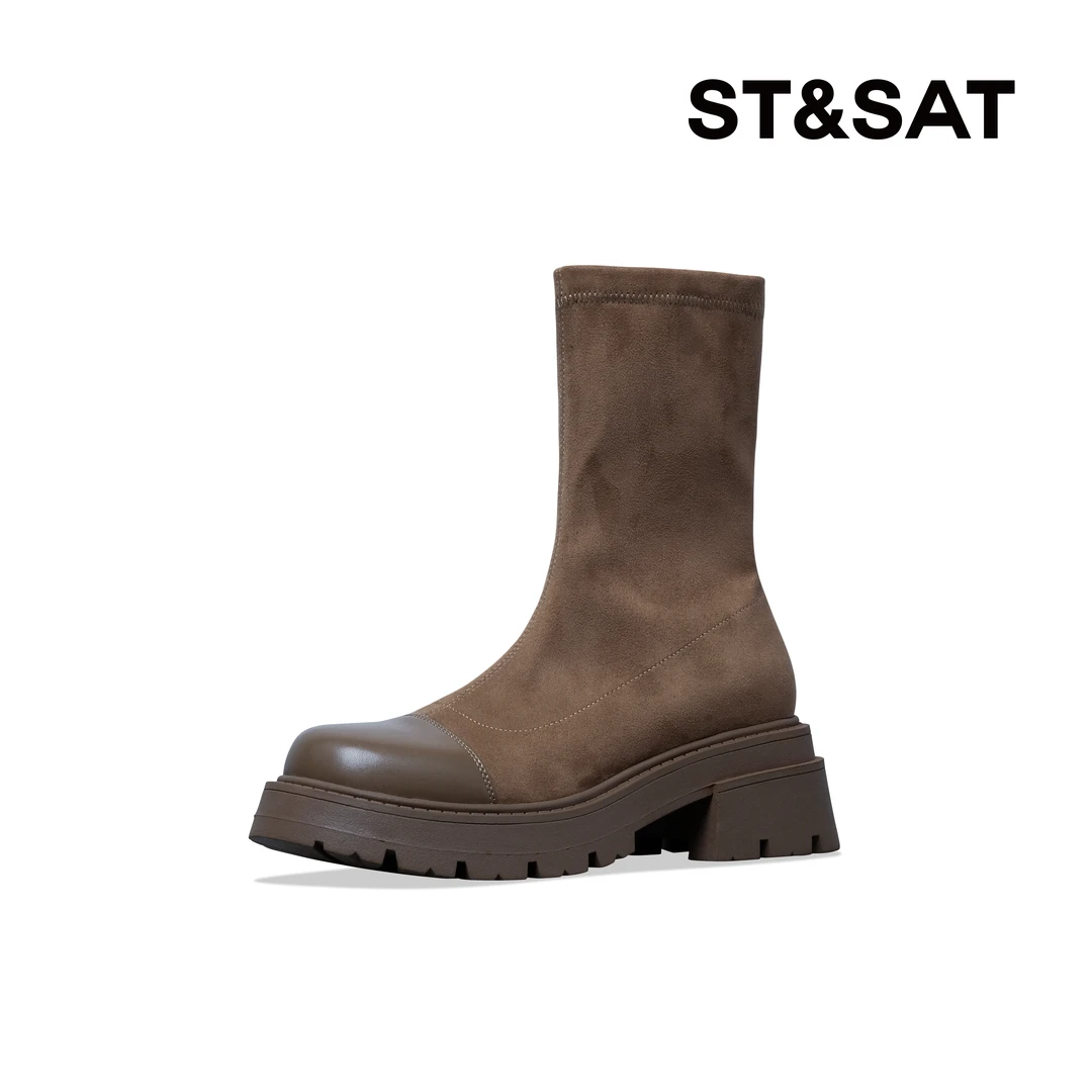 星期六时尚弹力靴秋冬季圆头粗跟厚底百搭瘦瘦靴女士靴SS34116P41