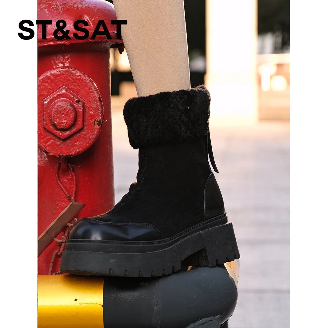 星期六女鞋时尚新款秋冬季雪地靴百搭加厚保暖靴时装靴休闲风8B0H
