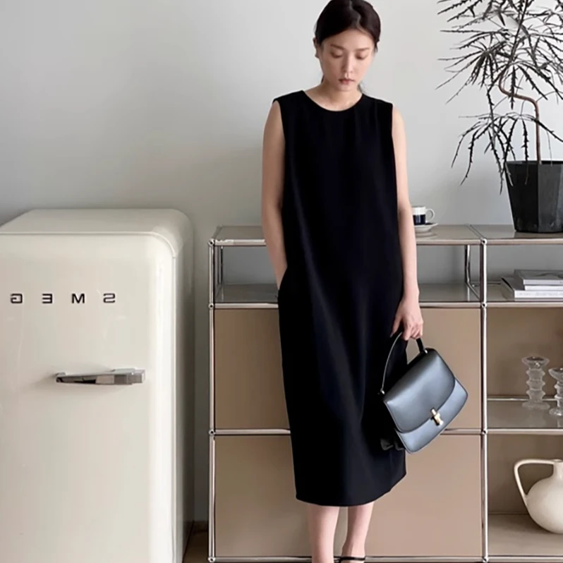 夏季新款极简黑色三醋酸连衣裙直筒无袖宽松气质高级感小黑裙长裙