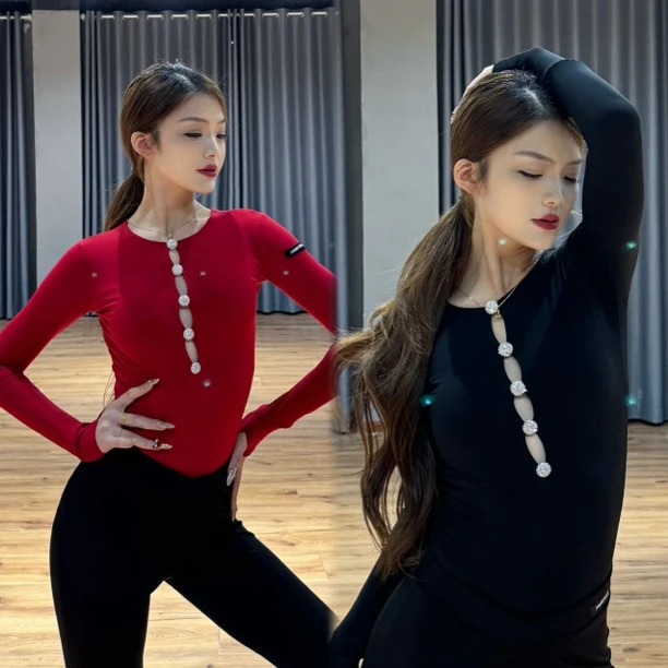 傲睨舞服2024秋冬新品拉丁舞服长袖圆领镂空钻扣连档操服Q81