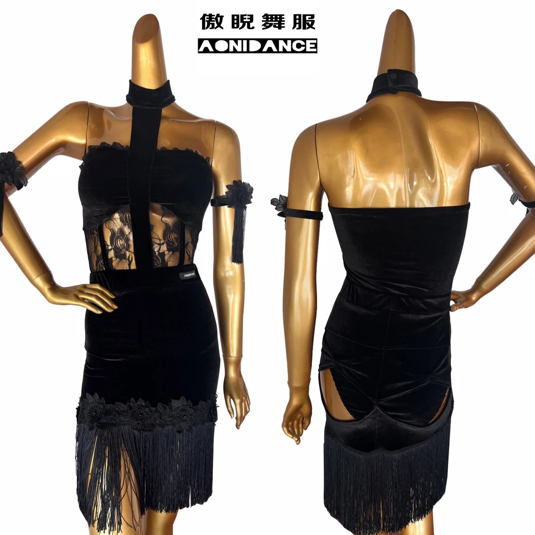 傲睨舞服2023春季新品拉丁舞丝绒挂脖蕾丝拼接连体操服流苏裙套装