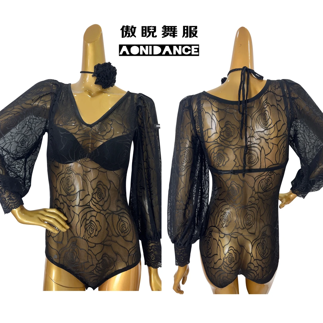 傲睨舞服2023春季新品拉丁摩登两穿泡泡袖蕾丝印花连体操服Q29