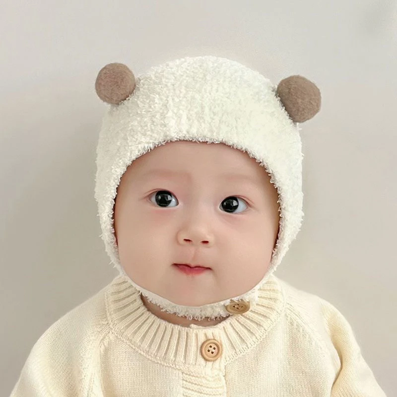 韩版ins秋冬新款宝宝护耳帽保暖防寒帽舒适婴儿双球软糯包头帽潮