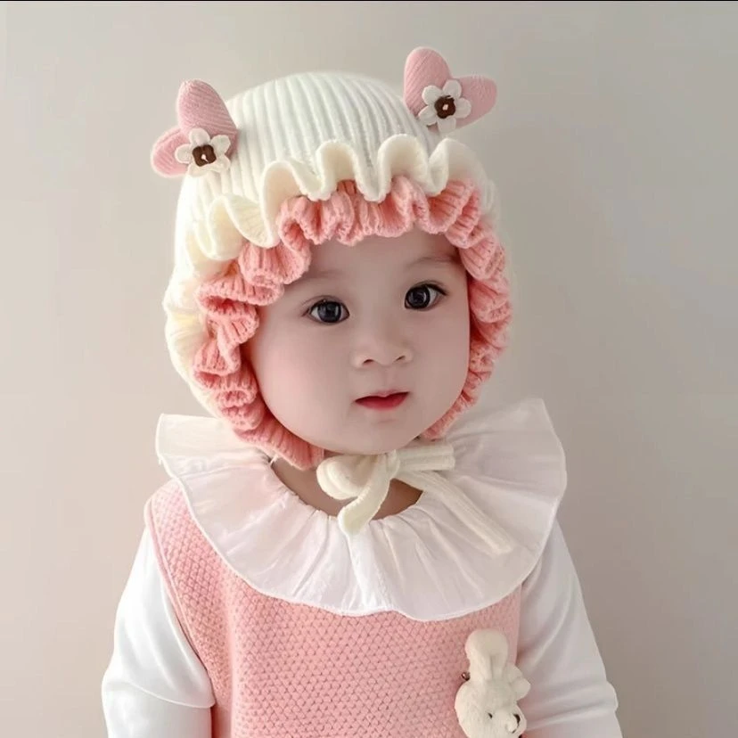 婴儿帽子秋冬季公主女童护耳加厚可爱保暖婴幼儿宝宝针织毛线帽