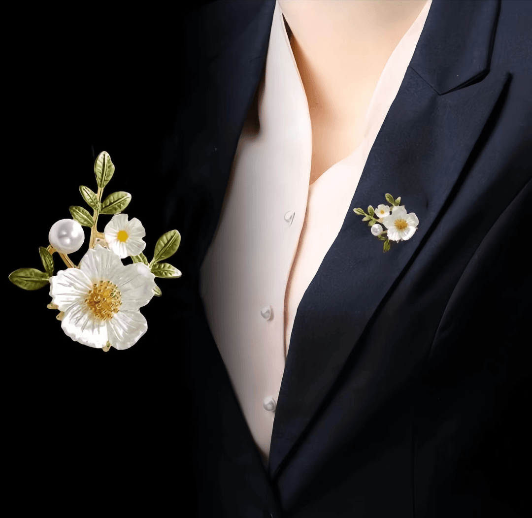 合金胸针 秋季高档复古宫廷白贝壳花朵贝珠领针配饰西装胸花别针