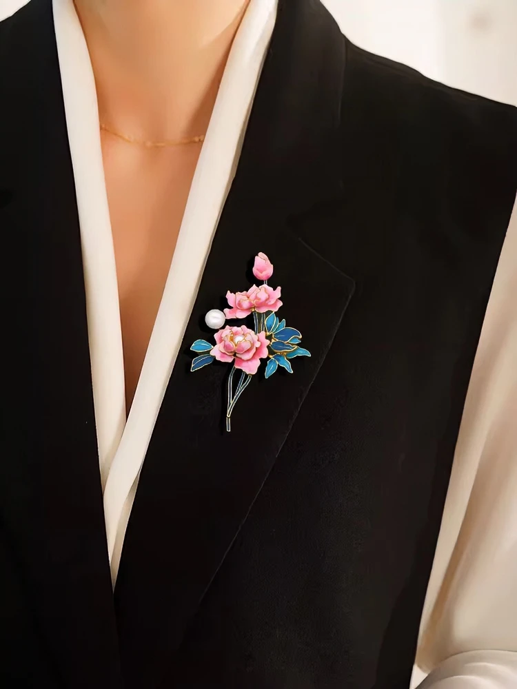 合金胸针 国色牡丹胸针高档中国风珐琅彩绘胸花精致古典配饰