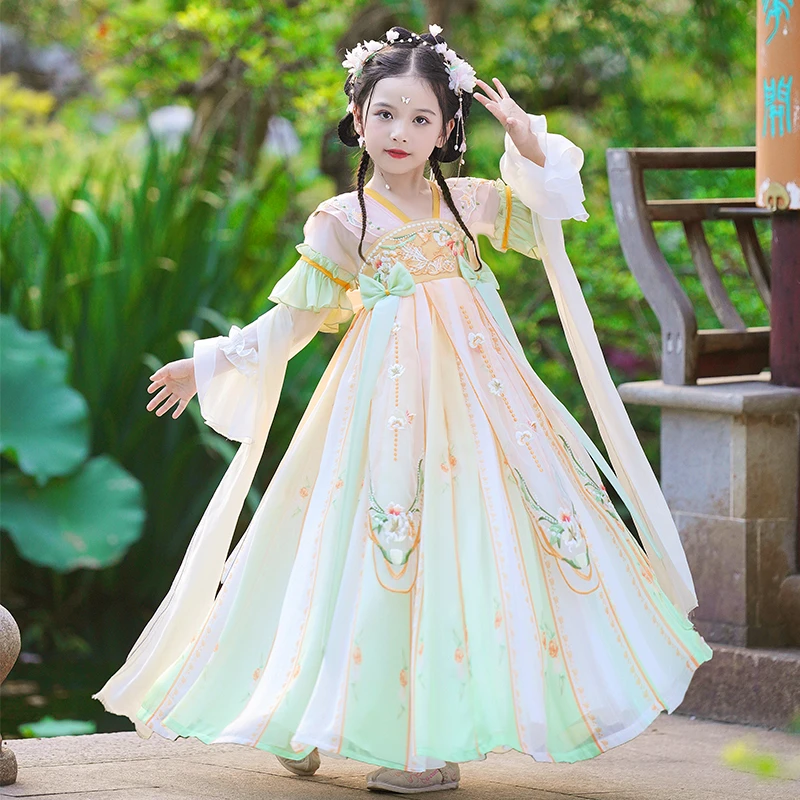 99303女童汉服儿童连衣裙长袖古装中国风唐装襦裙洋气软糯连衣裙
