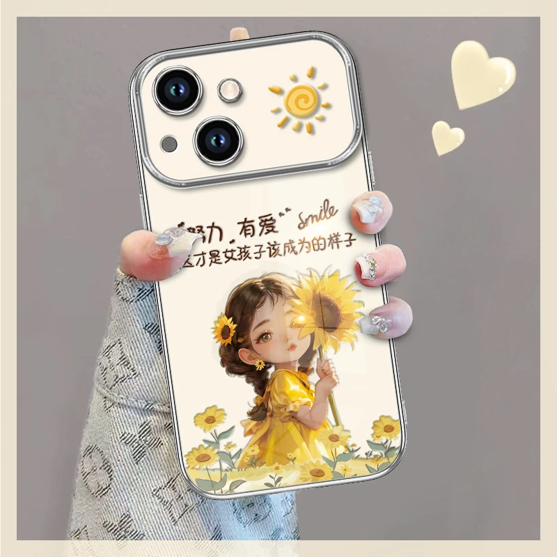 适用于苹果13/14/15手机壳新款6D视窗向日葵小女孩防摔保护套