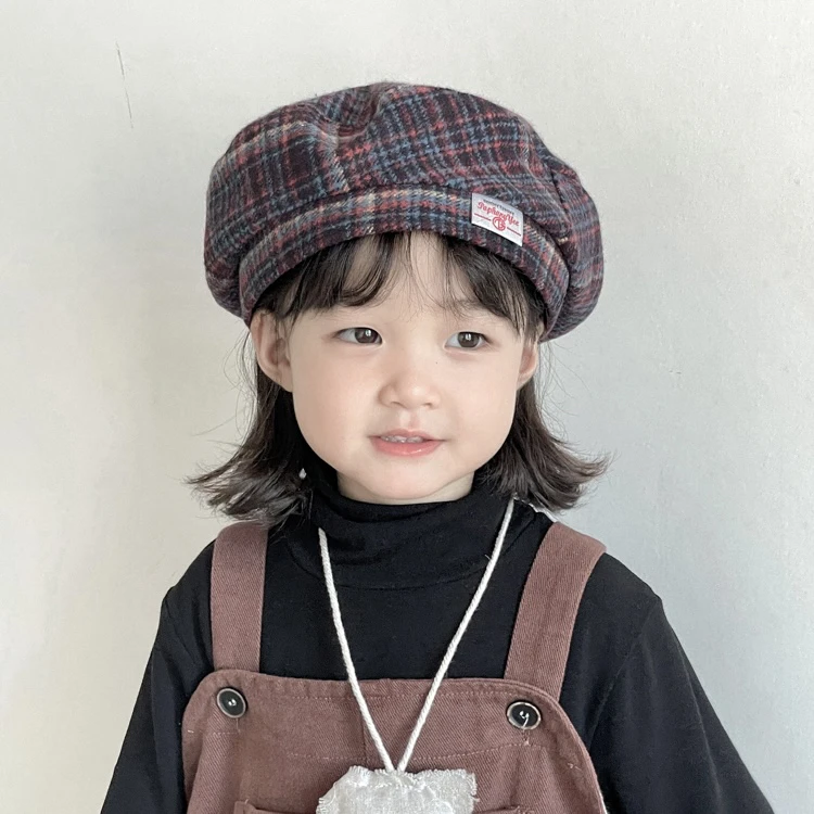 【小布丁】儿童时尚报童帽春秋日系百搭画家帽女童复古格纹贝雷帽子