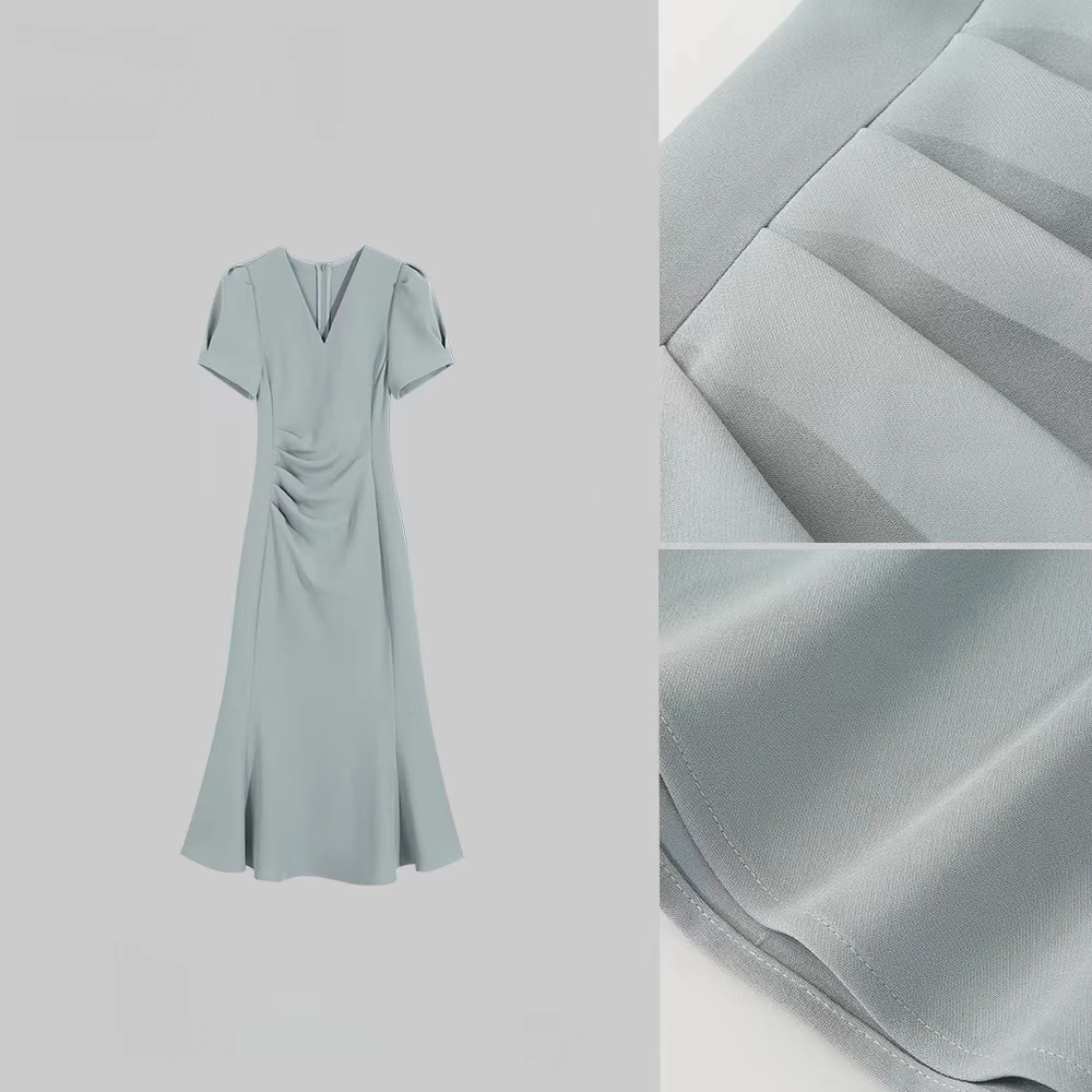 夏季V领褶皱收腰鱼尾气质连衣裙868751