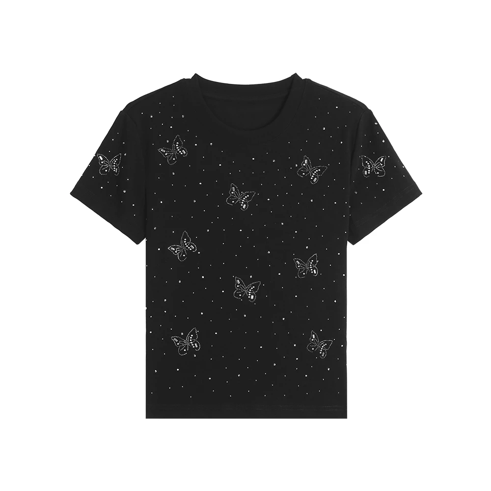 新款优雅蝴蝶烫钻T恤圆领短袖895897