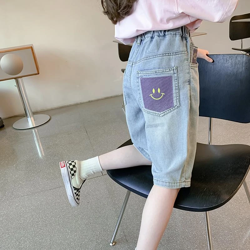 女童洋气牛仔短裤夏装中裤新款儿童裤子中大童夏季薄款松紧五分裤