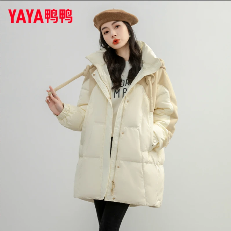 YAYA/鸭鸭加厚新款羽绒服女舒适轻盈设计感拼接连帽外套时尚休闲