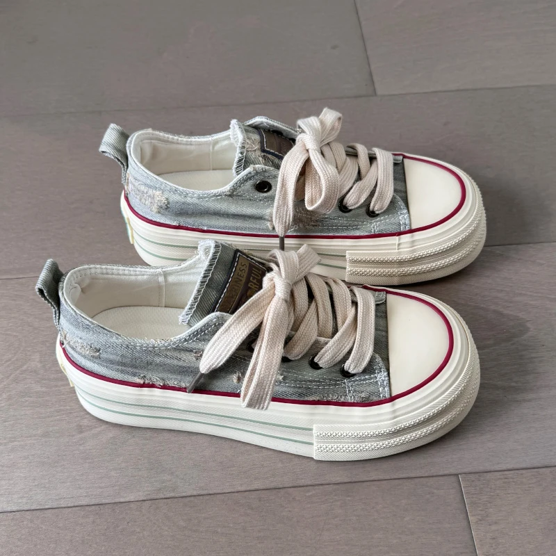 秋季复古牛仔帆布鞋女做旧大头低帮41-43大码女鞋42休闲百搭潮鞋