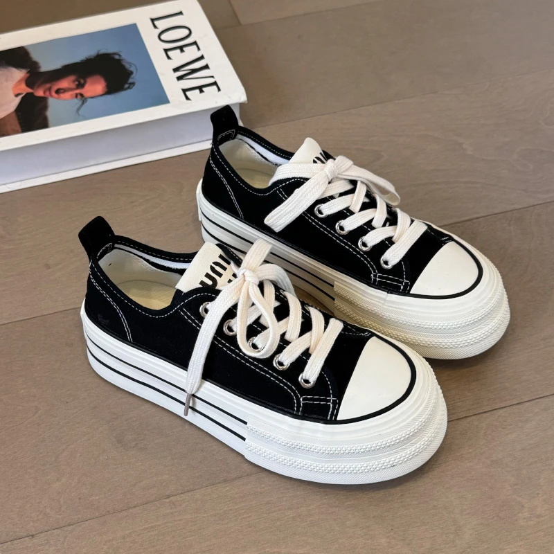 35-43秋季透气帆布鞋女休闲低帮41大码女鞋胖脚宽肥大头黑色板鞋