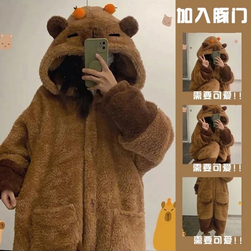加绒加厚新款珊瑚绒学生卡通水豚卡皮巴拉睡衣睡袍套装