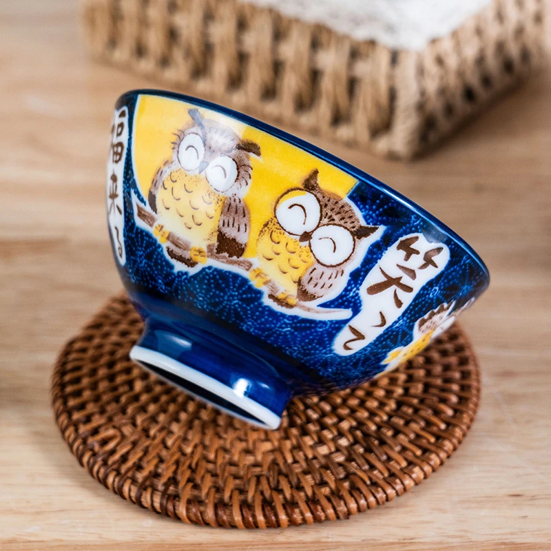 美浓烧日本进口陶瓷釉下彩家用复古米饭碗日式可爱创意猫头鹰饭碗