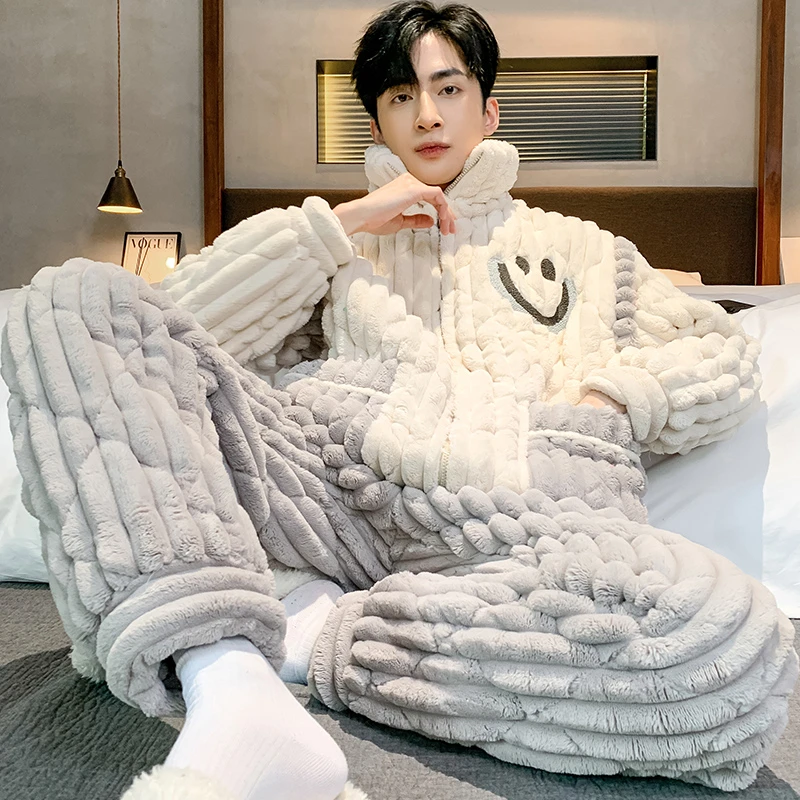 睡衣男冬季珊瑚绒三层夹棉加绒加厚法兰绒家居服套装男士冬天保暖